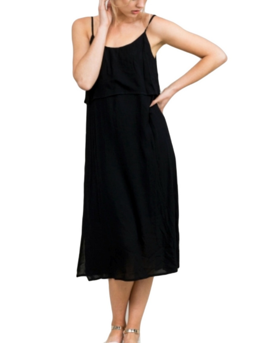 EDEN SOCIETY Black Tiered Top Lightweight Casual Midi Dress, Small